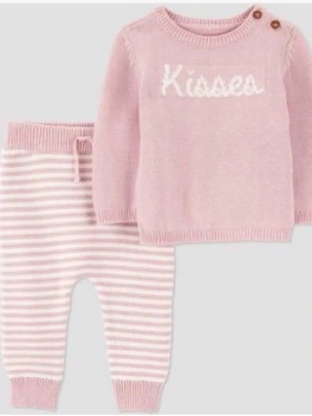 💼2️⃣ Newborn Pink 'Kisses' Knit Sweater & Striped Pant Set